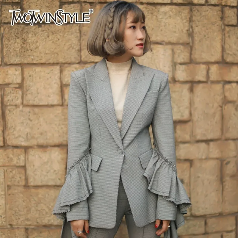 

TWOTWINSTYLE Plaid Blazer Female Jacket Lapel Long Flare Sleeve Ruffles Vintage Slim Women's Suit Coat Fashion Clothing New 2018
