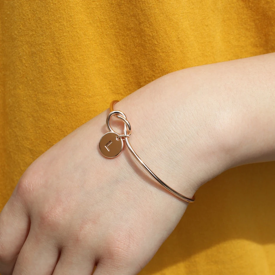 Trendy Tie knotted Open Cuff Bangle Rose Gold Sliver Coin 26 Letters Initial Charm Bracelets Wire Love Bangles For Women (5)