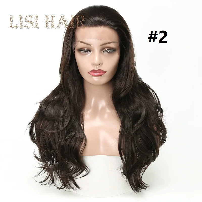 LISI волосы чистый черный цвет длинные волнистые синтетические кружева спереди парик черный для женщин классические волосы 26 дюймов