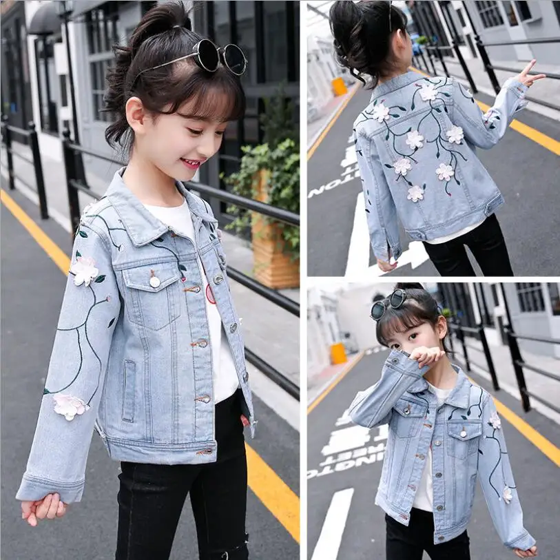 

Kids Denim Clothes Children Girls Jackets Cool Long Sleeves Turn-down Collar Buttons Coats Applique Pattern Denim Outerwear