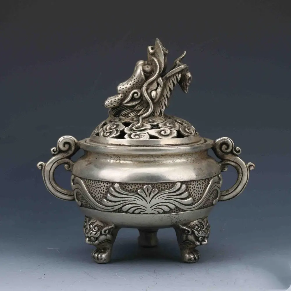 

Chinese white copper Hand-carved Incense Burner &Dragon Lid