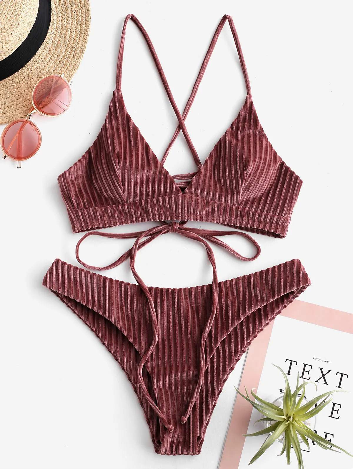 ZAFUL Bikini Velvet Ribbed Cami Bikini Set Lace Up Spaghetti Straps Women Swimsuit Solid Swimwear Padded Bathing suit