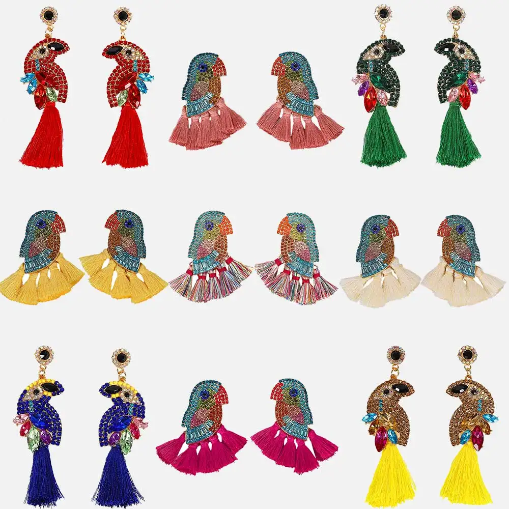 

Dvacaman Bird Tassel Earrings for Women Colorful Crystal Parrot Dangle Drop Earrings Boho Handmade Long Fringe Statement Jewelry