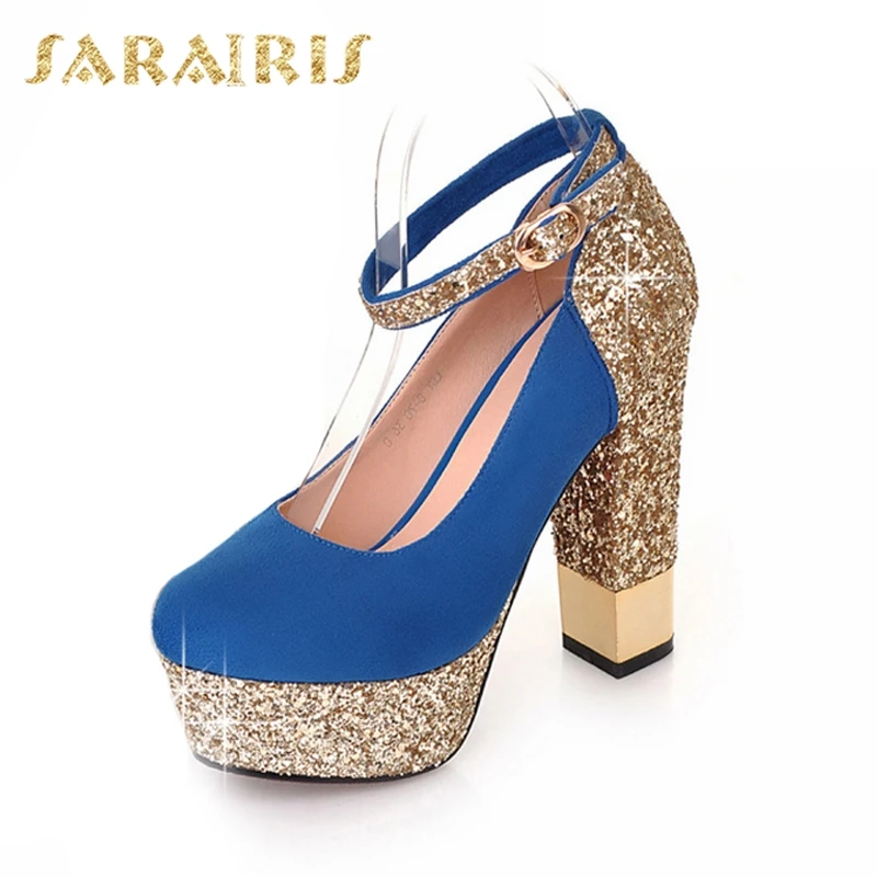 SARAIRIS Top Quality Large Size 32-43 Bling Upper Pumps Shoes Women High Heels Sexy Party Wedding Bride Shoes Woman - Цвет: Синий