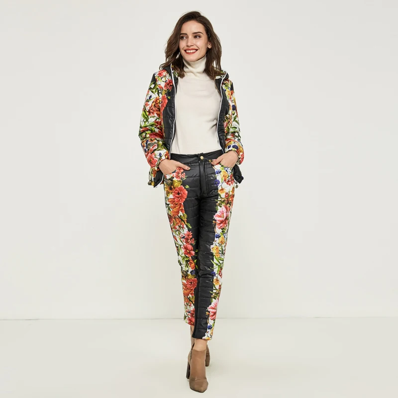 Cena Hee grand 2019 kurtka zimowa kobiety dorywczo nadruk w kwiaty z kapturem ciepłe podstawowe garnitury Parka (płaszcz + spodnie zestawy) zima znosić WAT270