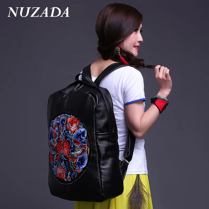 Brands NUZADA Travel Women Ladies Backpacks Bag Back Pack Knapsack Genuine Leather embroidery large size sjj-003