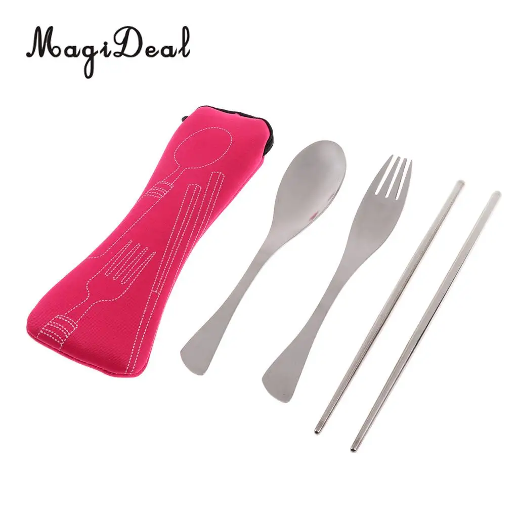 MagiDeal Stainless Steel Camping Tableware Outdoor Spoon Chopsticks Spoon Fork Picnic  BBQ Travel Portable Cutlery Set