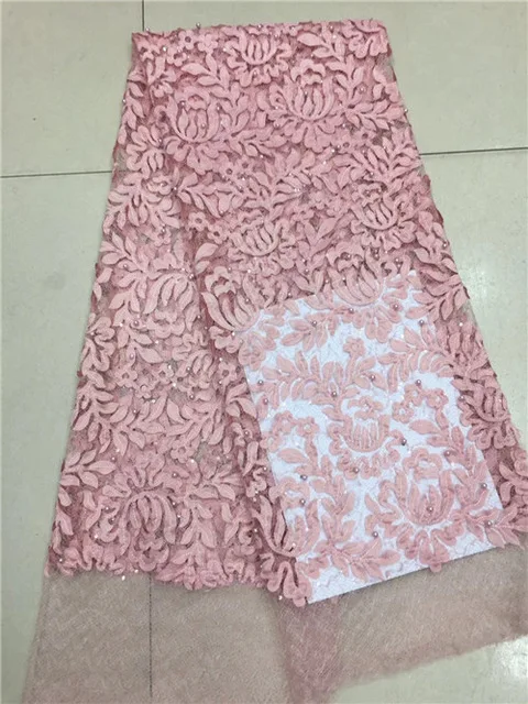 

embroidered african lace fabric 2018 high quality lace with beads pink fabric for wedding 5 yard/pcs