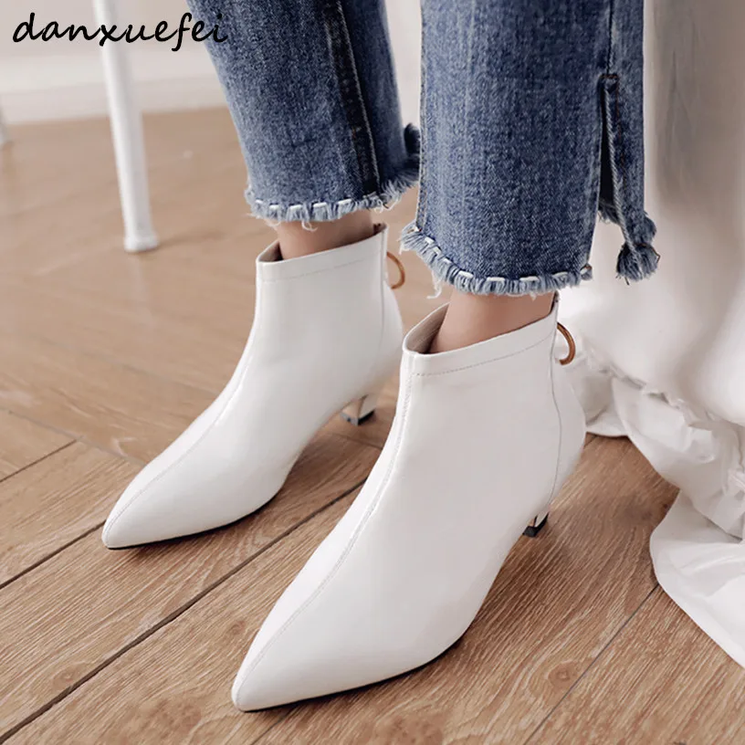 Womens Kitten Heel White Ankle Boots Genuine Leather Low Heel Short