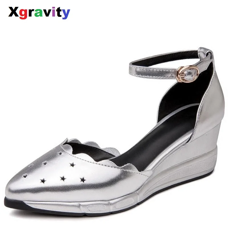 

Xgravity European Sexy Dress Point Toe Buckle Lady Fashion Wedge Shoes Elegant Comfort Genuine Leather Sandals Mid Heels B072