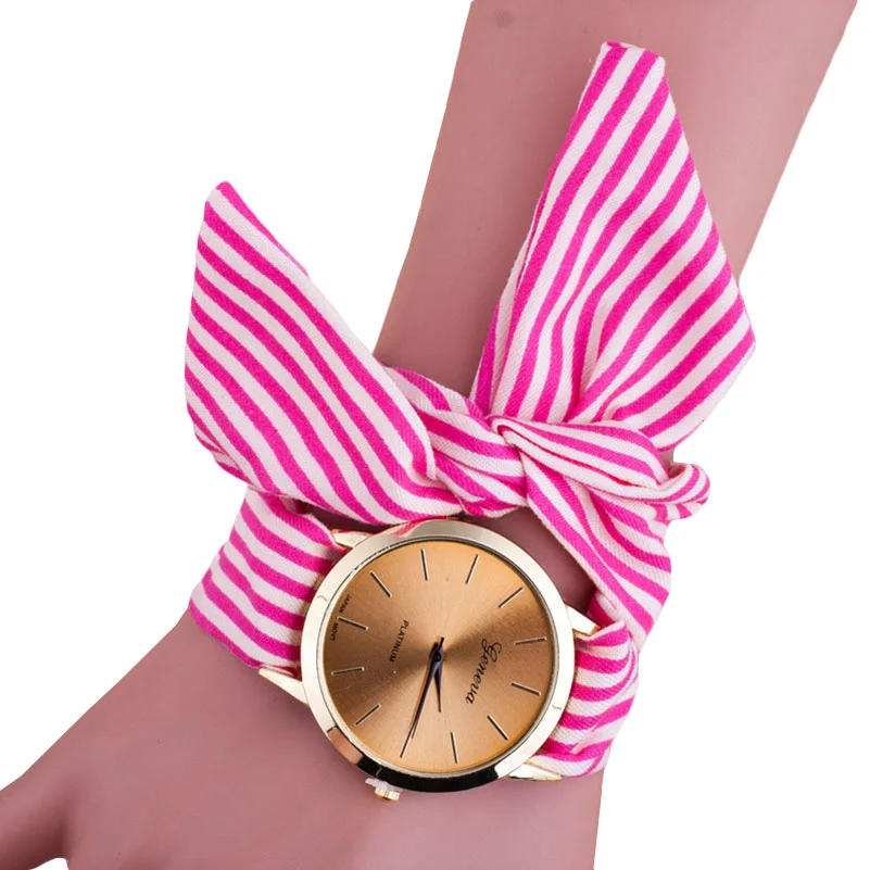Women's Fabric Watch Vertical And Horizontal Stripes With Flowers Table