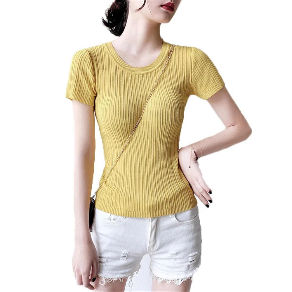 

Women's Summer Knitted Ball Sweater Solid Color Cotton Round Neck Short Sleeve Fashion Elastic Striped Girl Sweet Slim T-Shirt