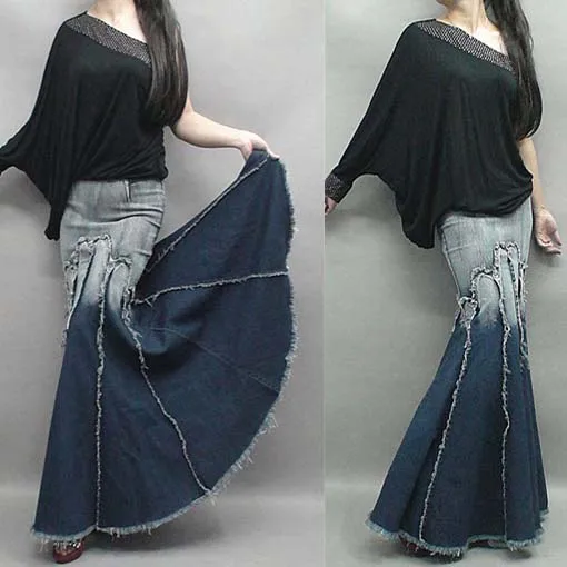 New fashion long denim skirt high waist Gradient tassel jeans skirts ...