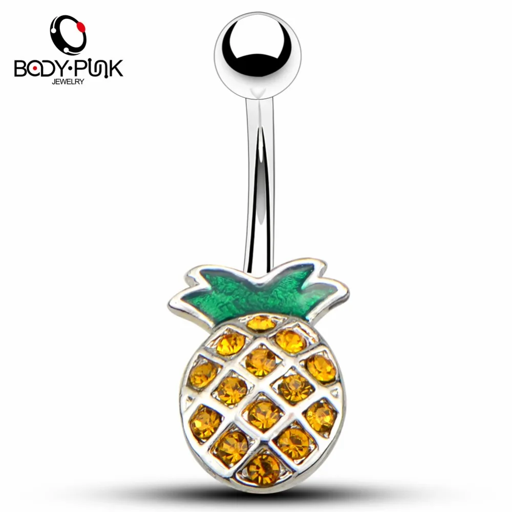

BODY PUNK Cute Lovely Style Green Color With Yellow Rhinestone Pineapple Shape Navel Rings Belly Button Piercing Body Jewelry