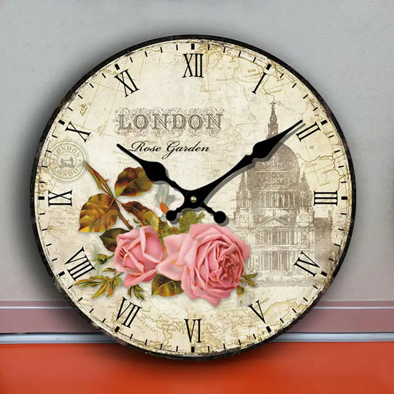 Vintage Flower Pastoral Style Wooden Wall Clock Antique Shabby Chic