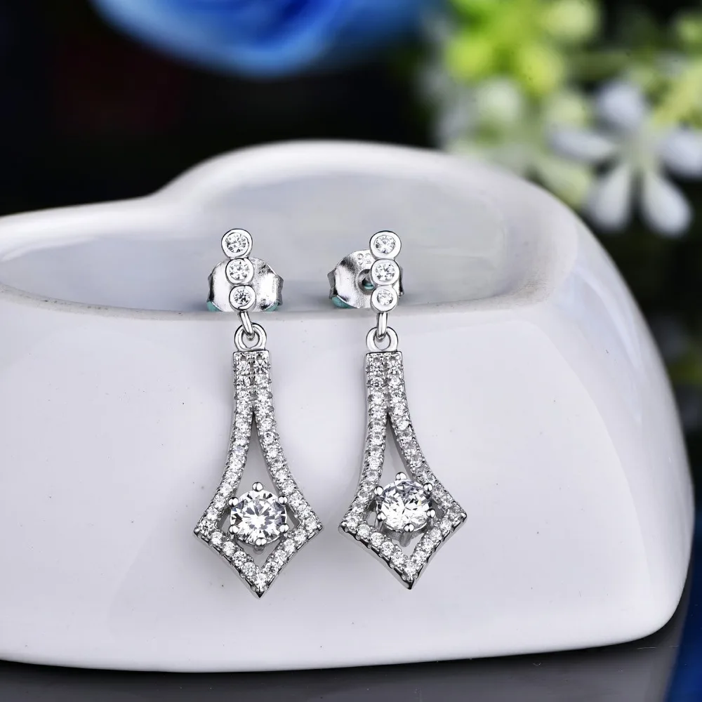 Сердце Кристалл Серебряные длинные Серьги падение Стиль Jewelry 4 мм Pure White Gold Дамы