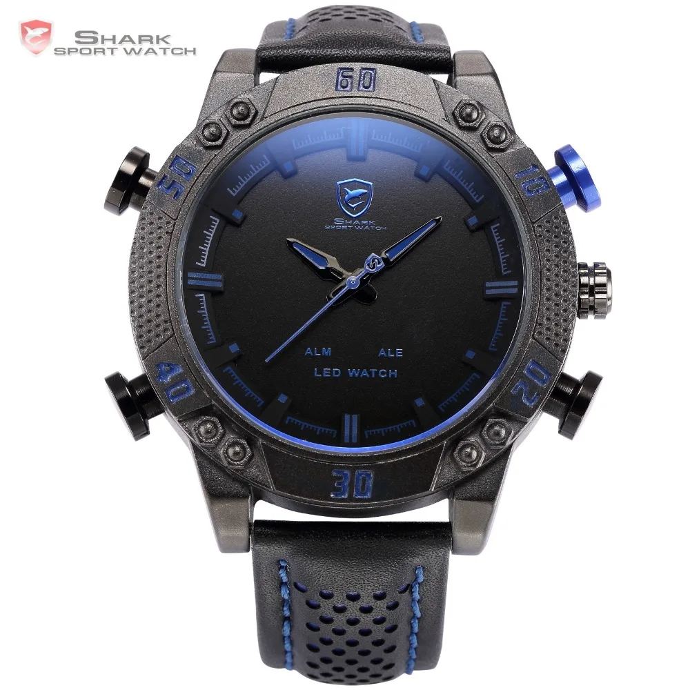 Shark Sport Watch LED Značka Auto Datum Alarm Black Blue Dual Time Kožené kapela Military Quartz Men Digital Clock / SH265