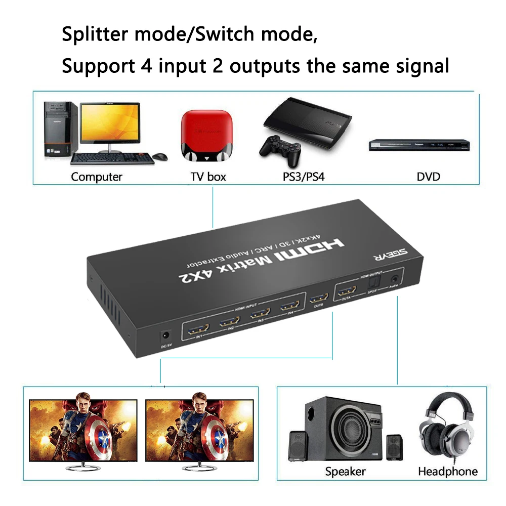 HDMI Matrix SGEYR 4x2 HDMI Matrix Switch Splitter 4Kx2K 4 in 2 Out HDMI Switcher with 3.5mm Audio Extractor+Optical HDMI Matrix SGEYR 4x2 HDMI Matrix Switch Splitter 4Kx2K 4 in 2 Out HDMI Switcher with 3.5mm Audio Extractor+Optical