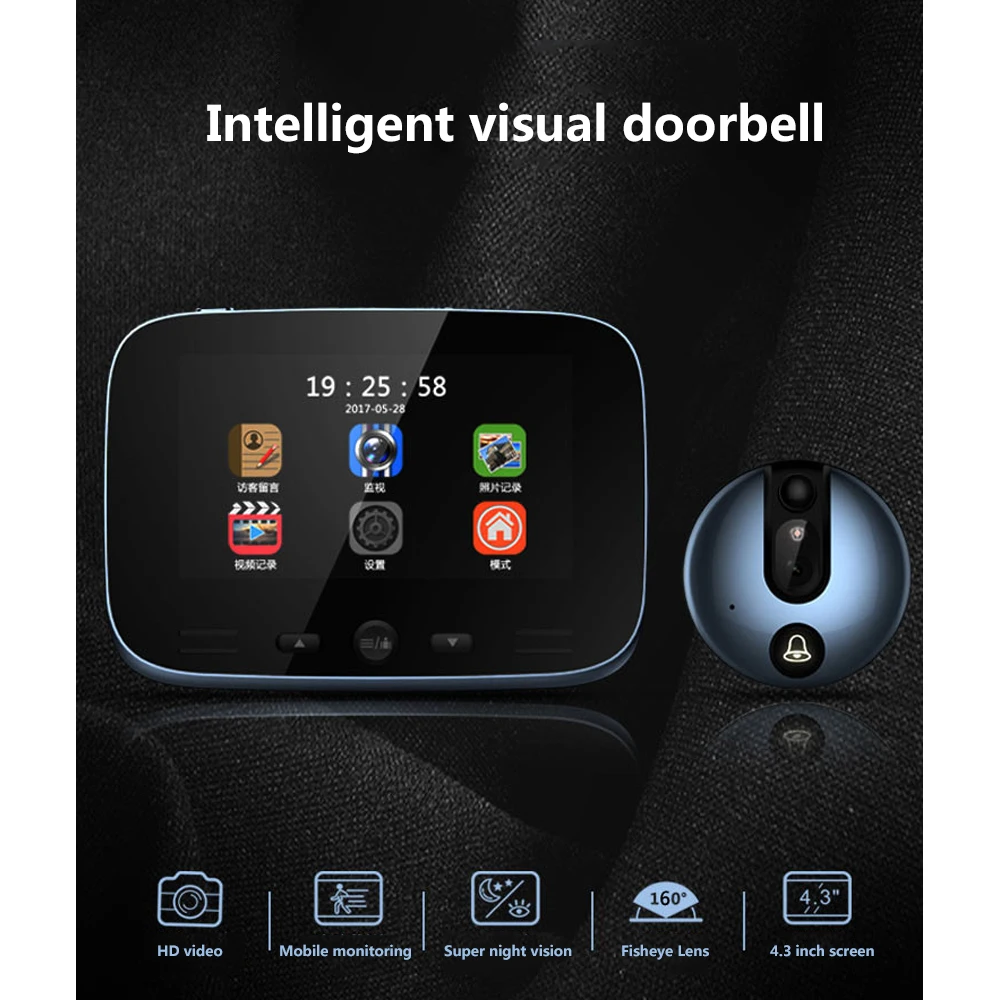 Домашний дверной звонок, умный беспроводной дверной звонок для дома, цифровой дверной глазок, ночное видение, 160 градусов, дверной глазок, голосовое сообщение