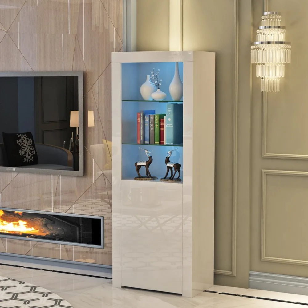 

Modern White Matt High Gloss Display Cabinet Led Lights Book Ornament Cupboard With LED for Home Living Room