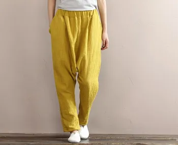 

2019 Summer Women Vintage Cotton Linen Haren Pants Mid Casual Elastic Waist Solid Loose Trouser