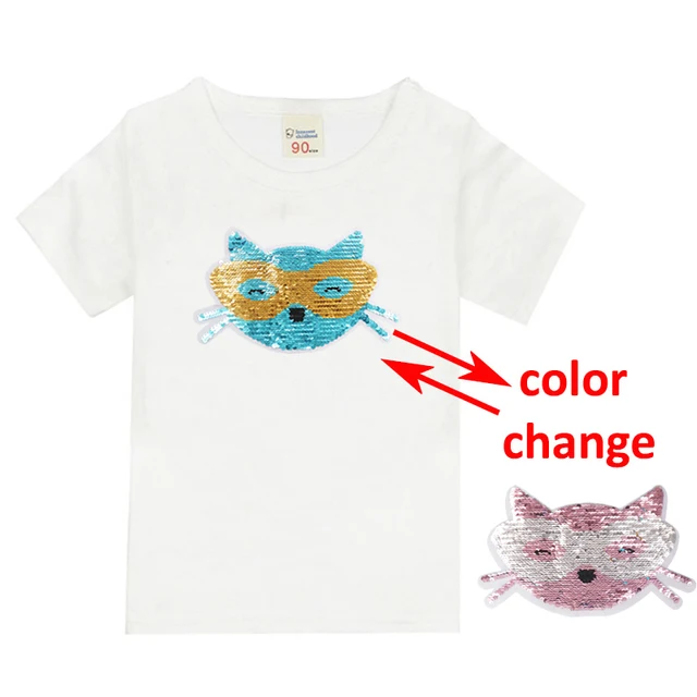 Double Sided Sequin Flash Glitter T-Shirts For Girls Sequins T Shirt Girls Cartoon Cat Kids Tshirt Summer Teen Clothes For Girls Khaki