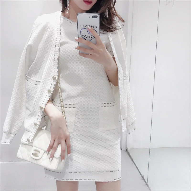 

New Autumn Women Knitted 2 Piece Set Dress Single Breasted V Neck Cardigan+Short Sleeve Knitting Dress Ladies Pocket Jacket Set