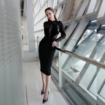 

2019 New Arrival Black Long Sleeve Lace Sexy Autumn Mid-Calf Solid Bandage Dress Vestidos Celebrity Party Bodycon Elegant Festa