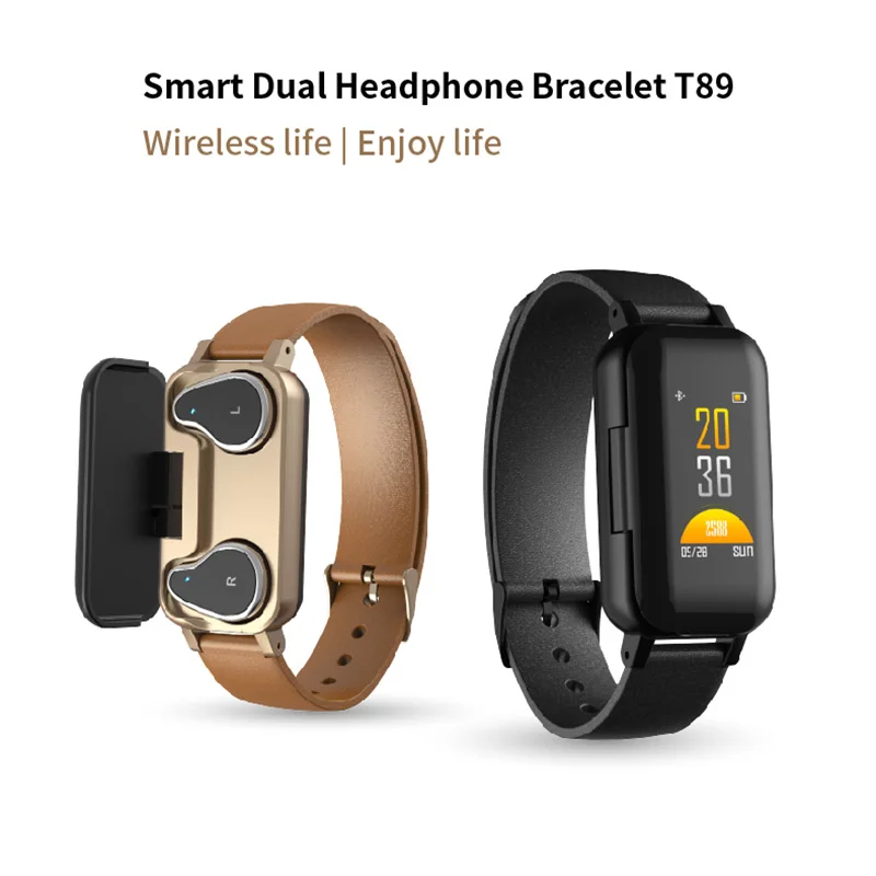 

T89 TWS Smart Dual Headphone Fitness Bracelet T89 Heart Rate Sport Bluetooth Music earphone Waterproof Smart Watch