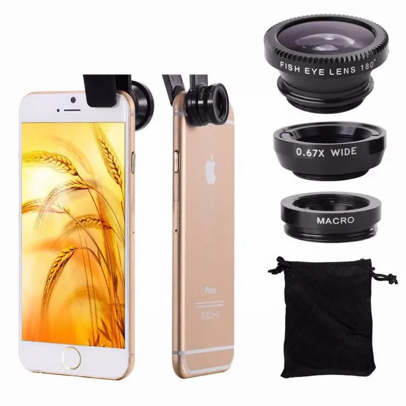 

Universal clip on phone 3in1 lenses for Moblie Smart Phones 3 in 1 FishEye Wide Angle Macro Lens For iPhone For XIAO MI