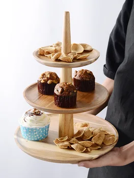 

Japanese Acacia wood double three-layer snack tray cake rack home living room creative cake tray Afternoon tea Dim Sum plate