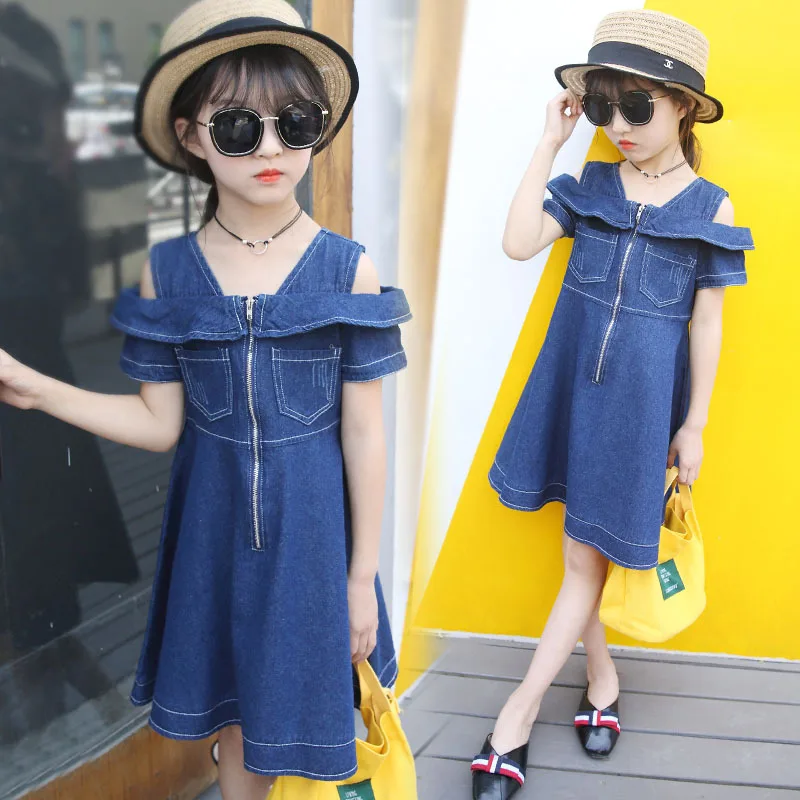 

New Summer Kids Girls In Children Are All-match Tidal Range Cowboy Shoulder Princess Dress 3-12 Ages Free Shipping