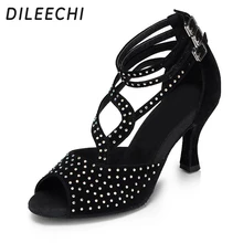 DILEECHI/Новинка, стразы, черный бархат, цветок, атлас, женская обувь для латинских бальных танцев вечерние, сальса, квадратный каблук 7,5 см
