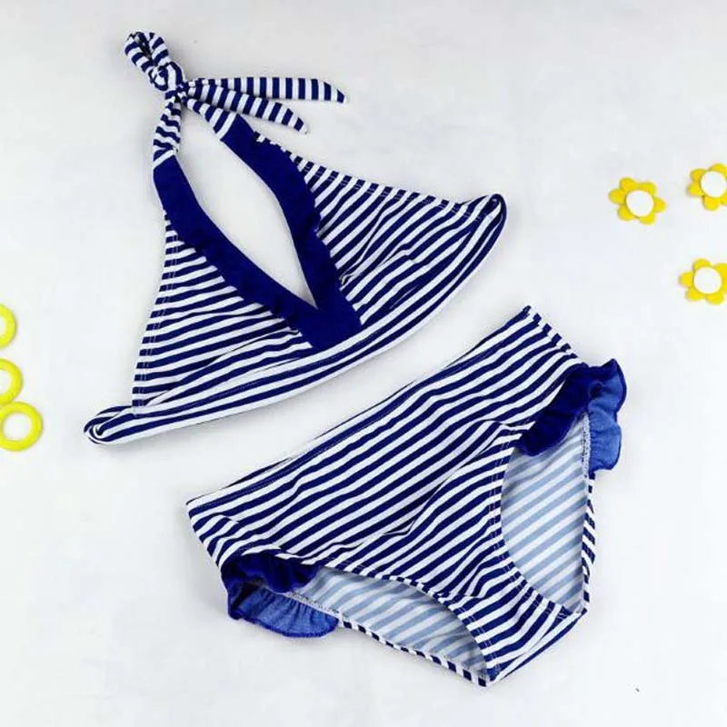 

8-16Y Navy/Beach Baby Swimsuit Girl 2019 Children's Swimwear Two Pieces Stripe Halter Biquini Infantil Menina Beach Wear