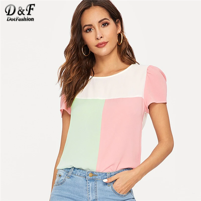 

Dotfashion Colorblock Puff Sleeve Blouse Summer Tops For Women Clothes 2019 Casual Short Sleeve Ladies Korean Streetwear Blouses
