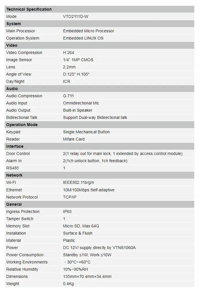 DH логотип многоязычный VTO2111D-W HD IP вилла WiFi дверной звонок, IP видеосвязь, ip-домофон, P2P Облако, вилла наружная станция