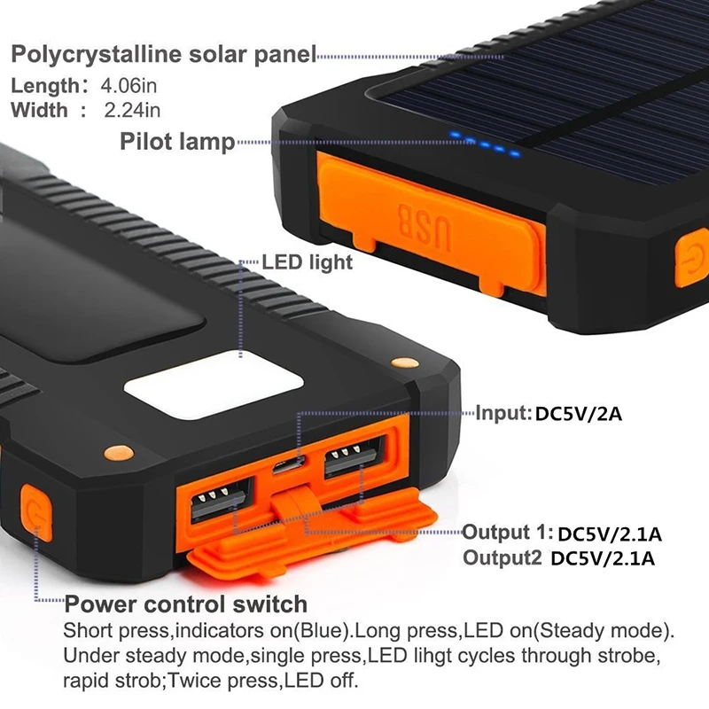 Водонепроницаемый 10000 мАч Солнечный внешний аккумулятор для кемпинга Внешняя батарея аварийное зарядное устройство для iPhone samsung huawei смартфон