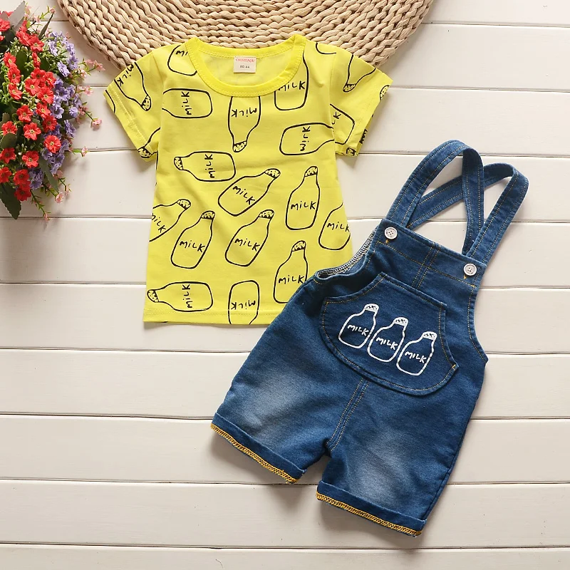 BibiCola/летний комплект одежды для мальчиков, детские топы, футболка + джинсовый комбинезон, спортивные костюмы, комплект одежды, спортивный