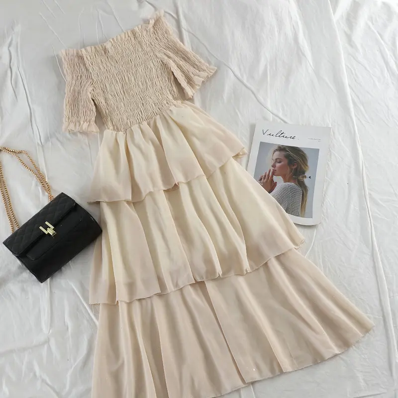 Women Dress Женское летнее Плиссированное многослойное платье с расклешенными рукавами и вырезом-лодочкой, повседневное эластичное приталенное платье с блестками, пуловер с оборками, бальное платье миди - Цвет: Women Dress