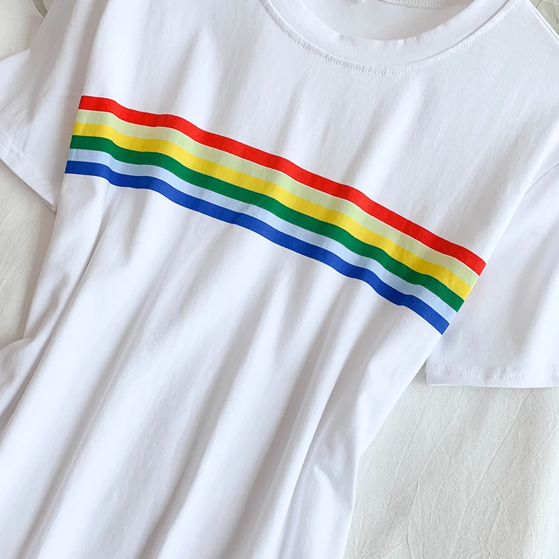 Лето Новинка в Корейском стиле с круглым вырезом футболка с короткими рукавами платье Для женщин свободного покроя в полоску цветов радуги, растягивания тоннелей, Цвет тонкий Vestidos F811