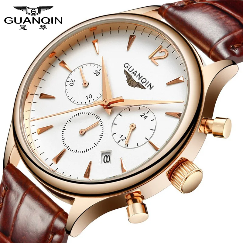 Módní muži Hodinky Sport Chronograph Hodiny Nejlepší značka GUANQIN Luxusní kožený řemínek Vodotěsná pánská Quartz hodinky Relogio masculino