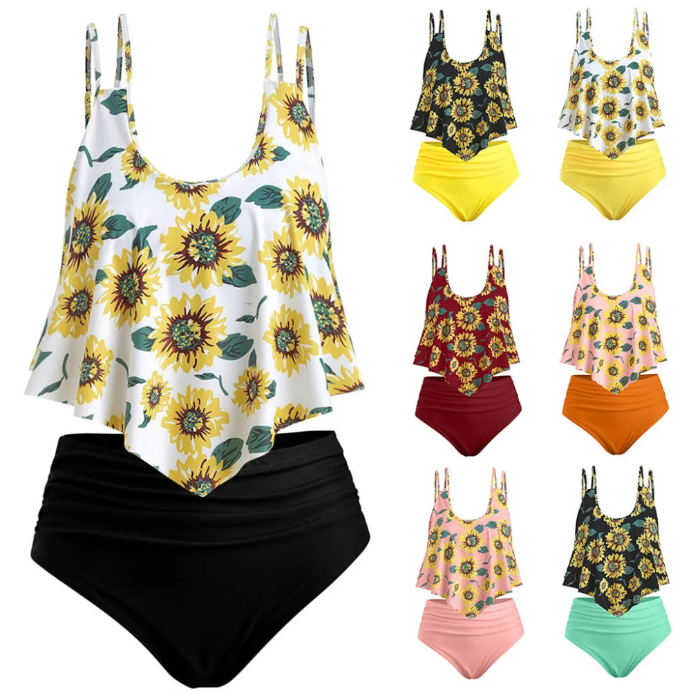 

Women 2Pcs Bathing Suits Top Ruffled With High Waisted Bottom Bikini Set Sunflower Printed swimming costumi da bagno donna #sx