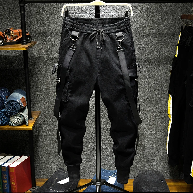 Мужские уличные модные тонкие шаровары уличная хип-хоп танцевальные повседневные брюки мужские брюки карго джоггеры спортивные штаны - Цвет: Черный