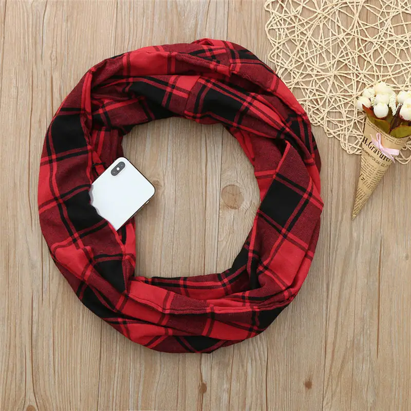  Women Man Plaid Print Convertible Infinity Scarf Loop Zipper Pocket women's scarves handkerchief hi