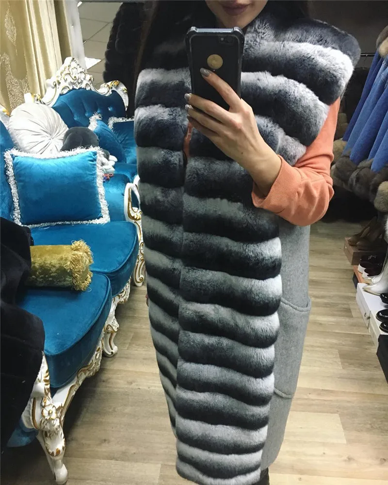 

High Quality Woolen Blends Chinchilla Rex Rabbit Fur Vests For Women's Fur Waistcoat Sleeveless