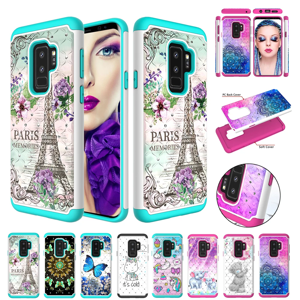 

Hard PC + Soft Silicone Case For Samsung Galaxy S8 S9 Plus J3 J7 J327 J727 Note 9 Case 2 in 1 Diamond Bling Glitter Fashion Case
