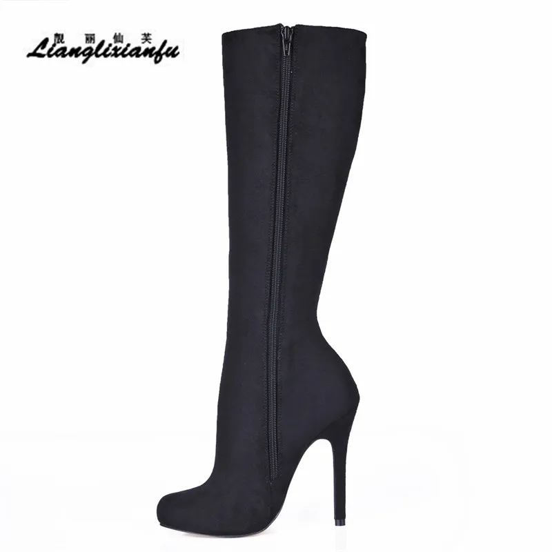 LLXF/модные женские сапоги до колена обувь на тонком высоком каблуке 12 см для сцены и ночного клуба туфли-лодочки zapatos mujer Размеры 35-43 - Цвет: Черный