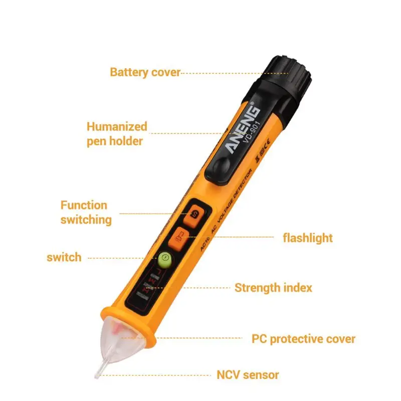 

AC 12V-1000V Voltage Tester Pen Non-Contact Volt Detector Stick Adjustable Range Buzzer Sound Light Alarm Alert Flashlight VD901