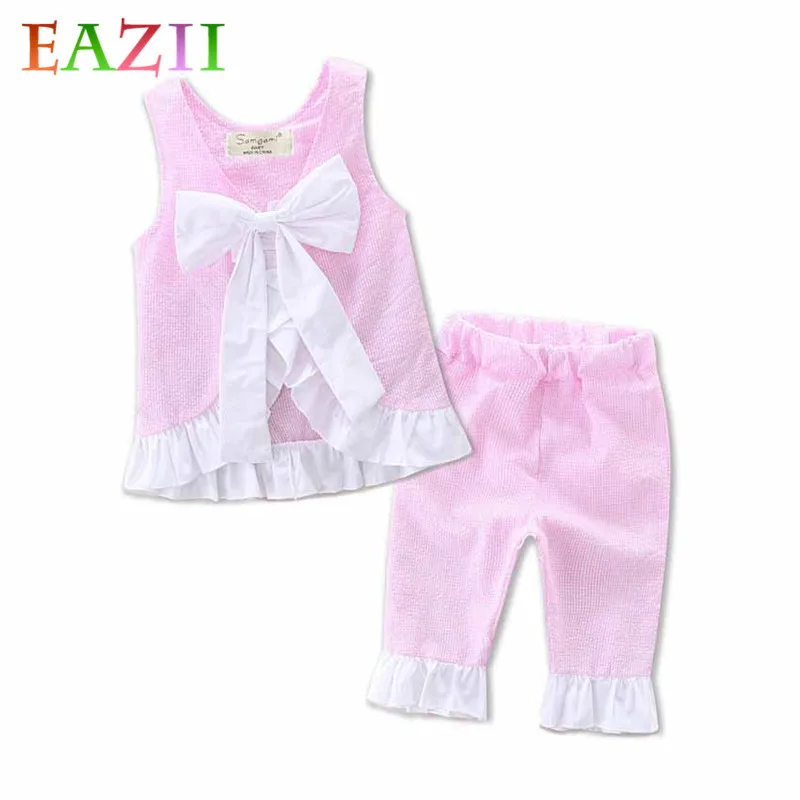 

EAZII Summer Girls Clothing Sets Baby Kids Clothes Suit Children Sleeveless Bowknot Striped T-Shirt +Pants roupas infantil