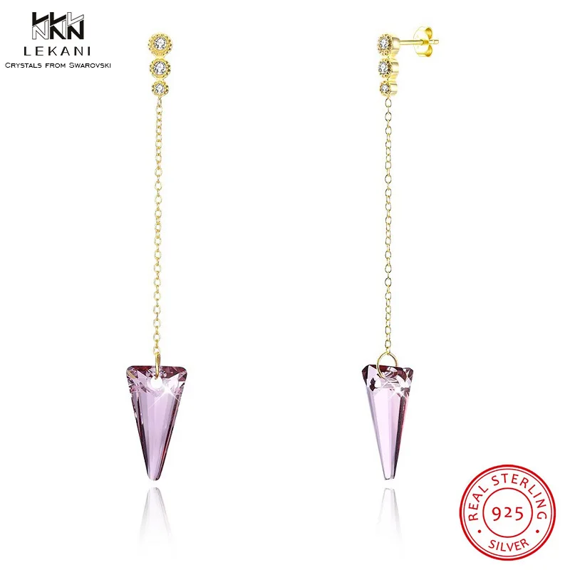 

LEKANI Crystals From Swarovski Drop Earring 925 Purple Triangle Long Drop Earrings Golden Boutique Jewelry Ms. Simple Gift Party